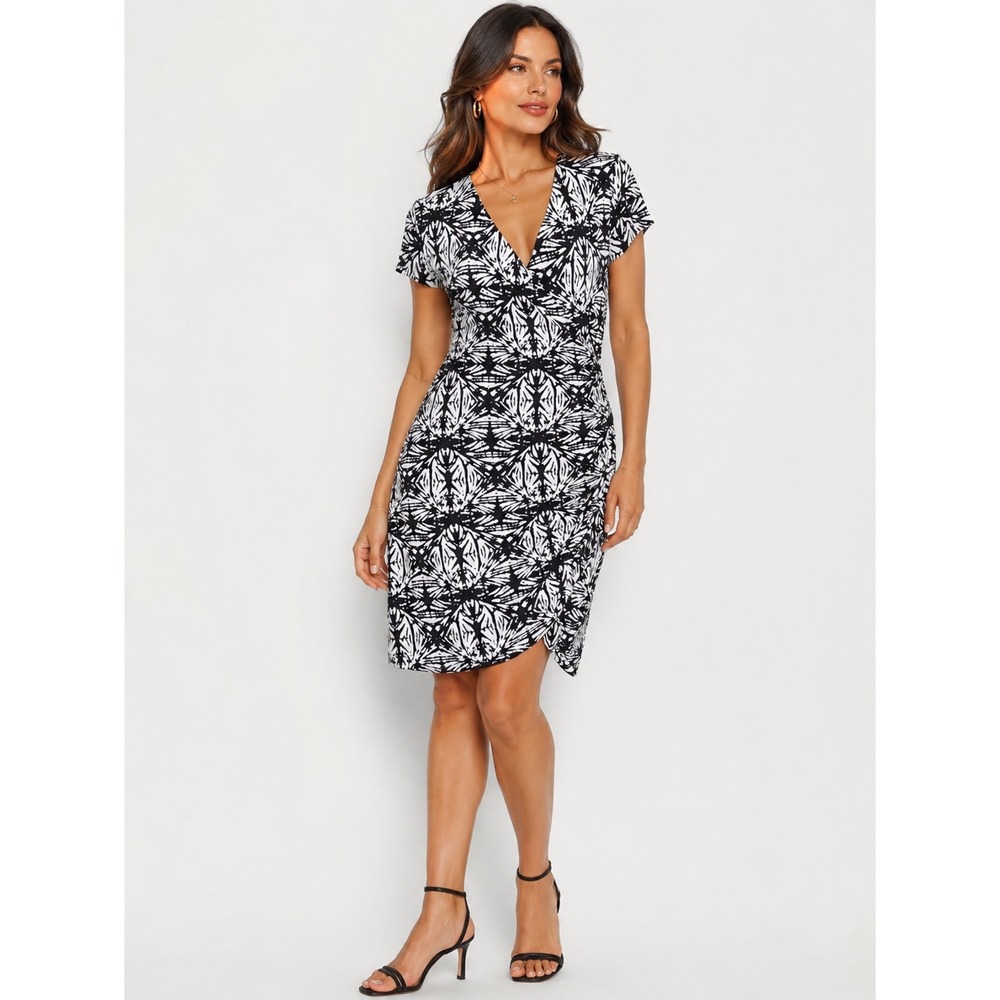 Mercer & Madison Black White Geometric Faux Wrap Ruched Dress Large